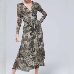 White House Black Market Green Snakeskin Long Sleeve, Tiered Wrap Dress